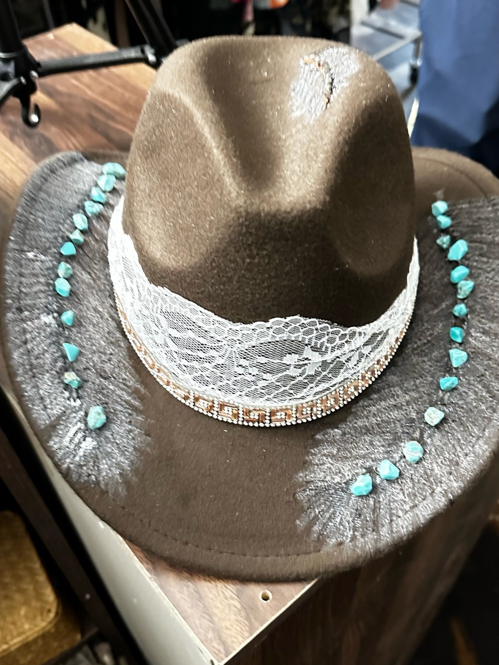 Brown Felt Cowboy Hat with White Lace and Turquoise Accents. Hand engraved